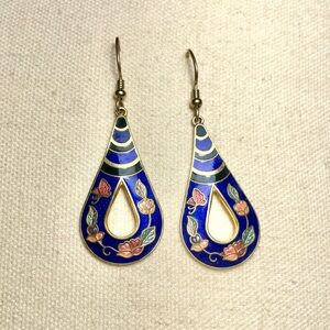 Vintage Cloisonné Floral Blue and Gold Teardrop Dangle Earrings